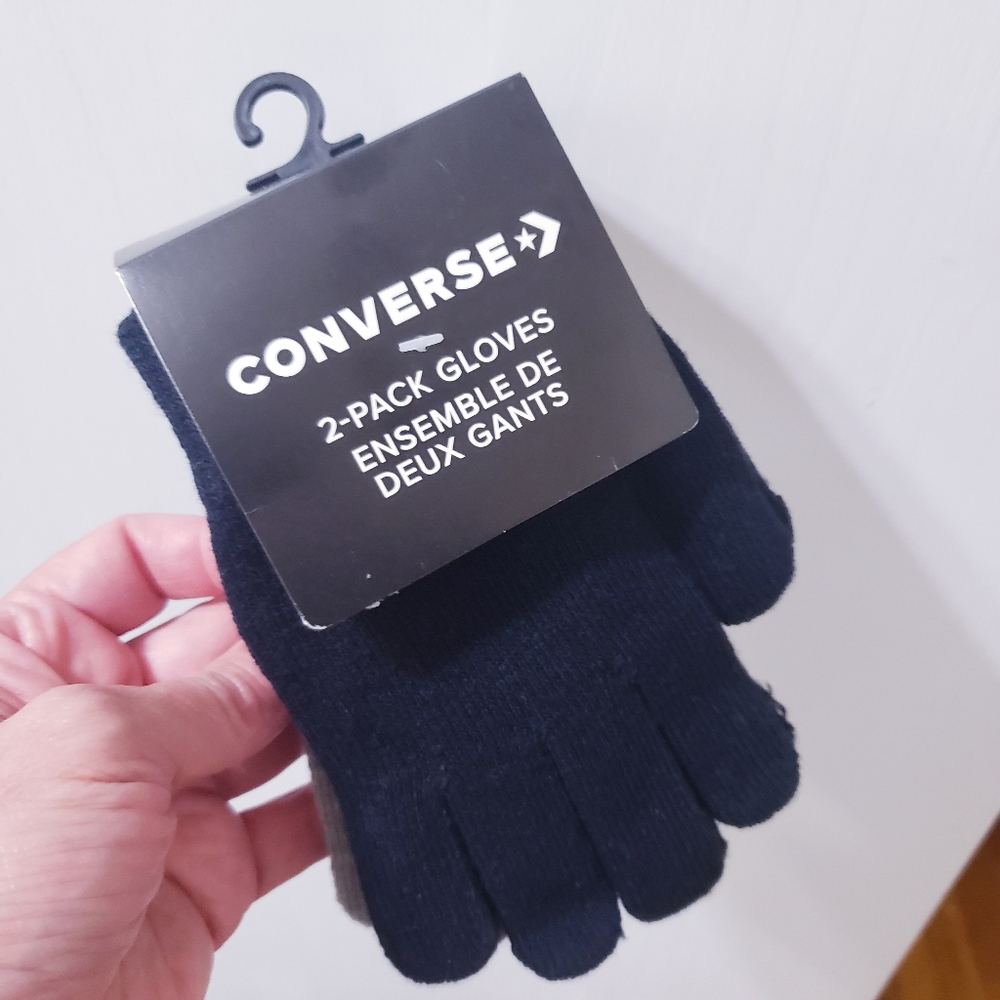 CONVERSE NWT Youth 2pack Gloves Set - Black/Grey With Embroidered Logo - O/S
